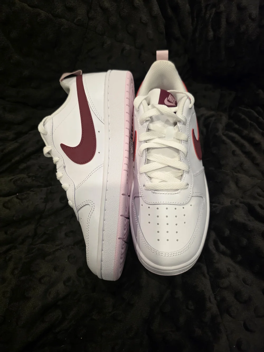 White Nike Court Borough Low 2 sneakers with dark beetroot swooshes, Subtle Pink